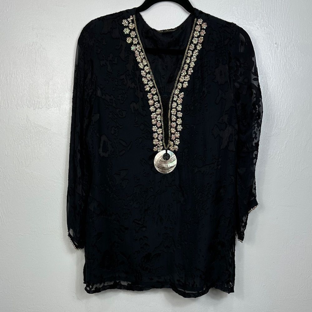 Silk Threads Black Silk Long Sleeve Sequined Blouse Top Size XL
